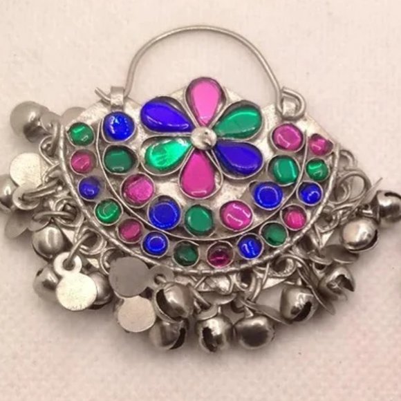 Silver Glass Stones Earrings, Tribal Kuchi Earrings, Hoop Earring, Boho BellsEar - Picture 1 of 6